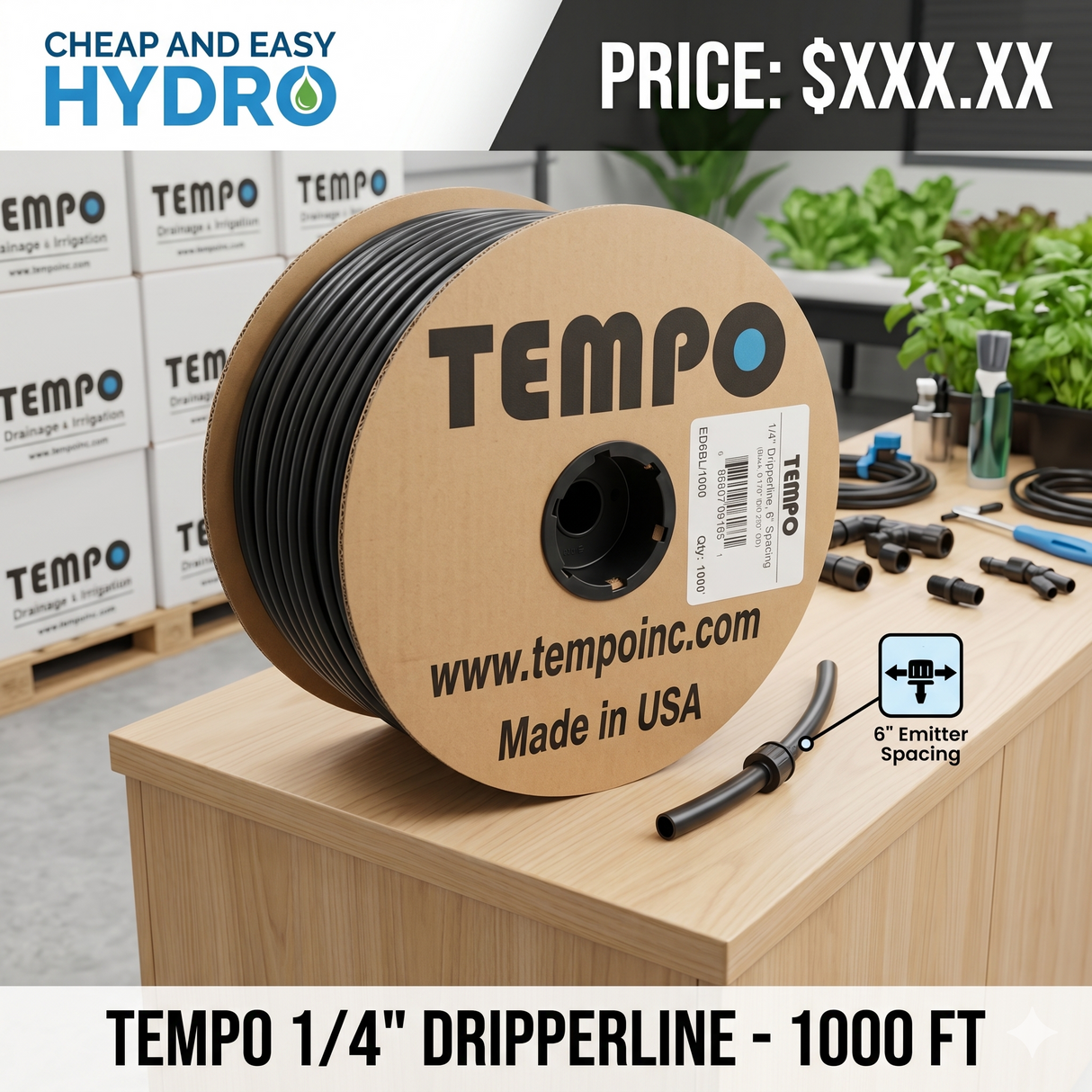 1/4" Inline Emitter 6" Spacing 1000' Roll (0.5 GPH)