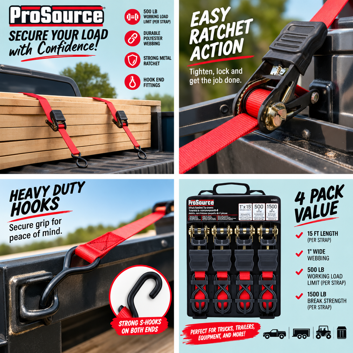 ProSource TieDown Ratchet Straps 1" x 15' Ratchet Tie Down (4 Pack, Red) (J-hook)