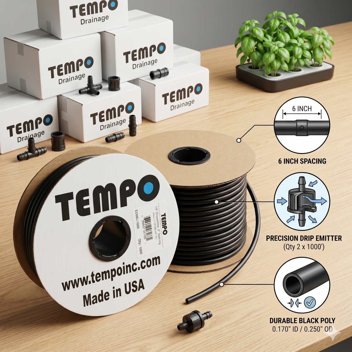 1/4" Inline Emitter 6" Spacing 1000' Roll (0.5 GPH)