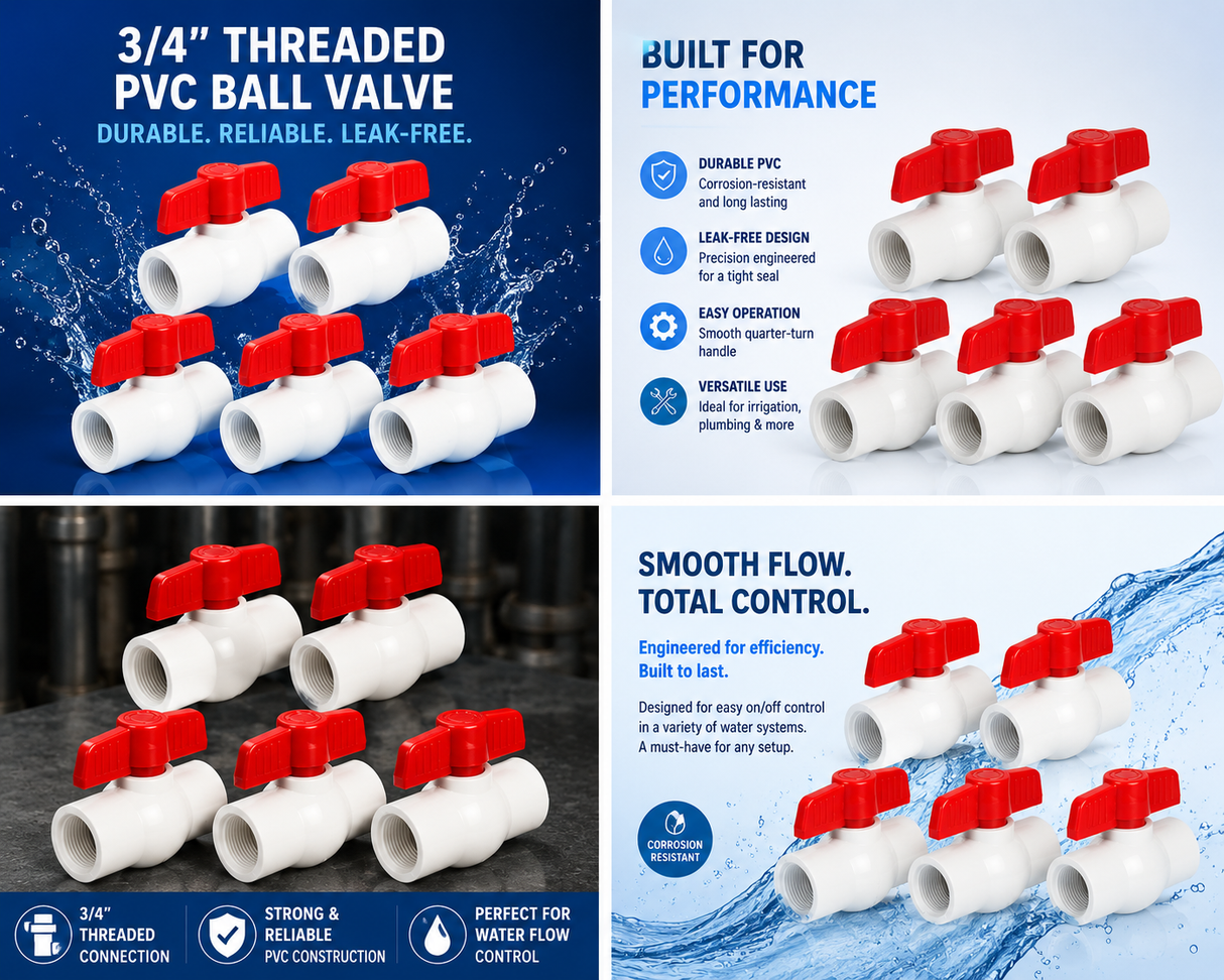 BOX 3/4" Threaded PVC Ball Valve (5/box)