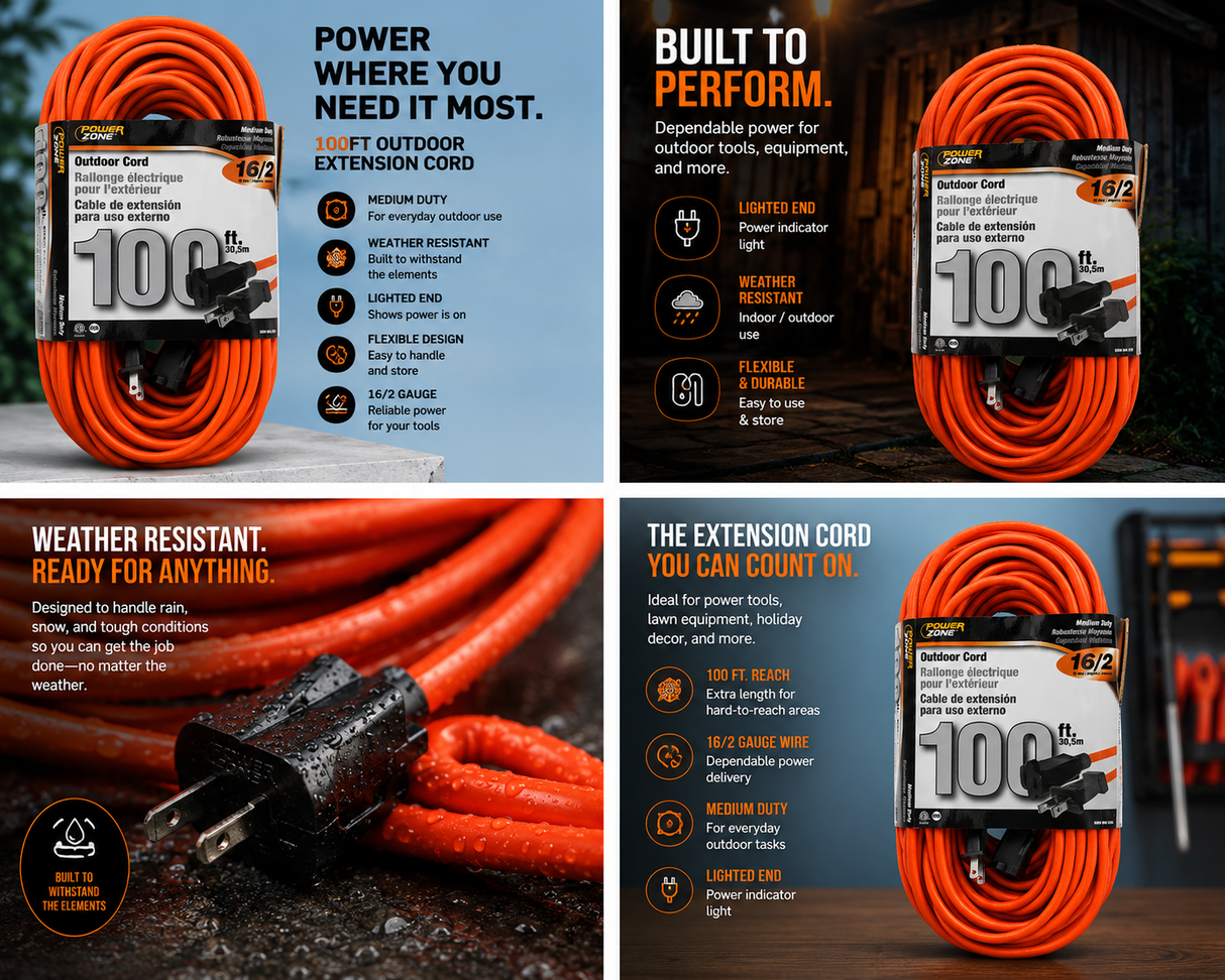 Power Zone Orange Extension Cord 100'